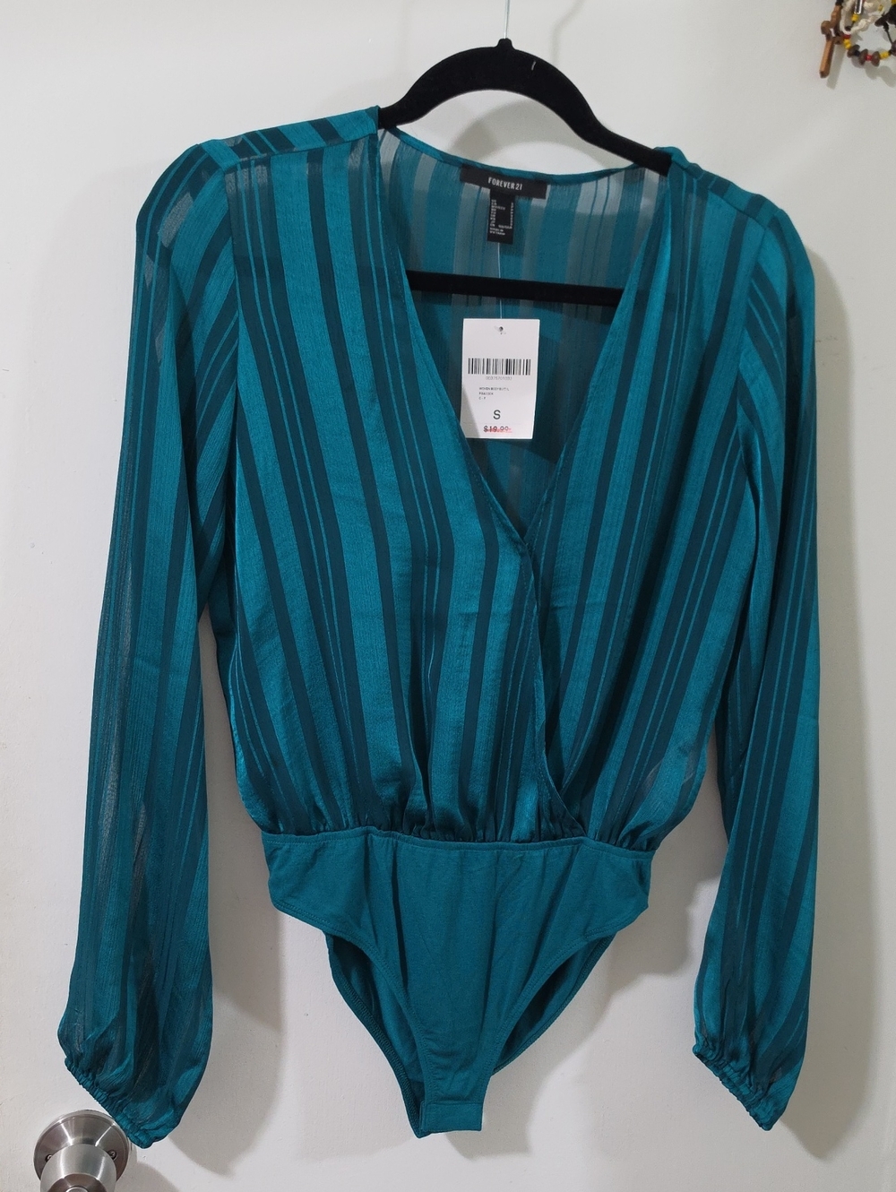 Striped Teal Long-Sleeve See-through Bodysuit